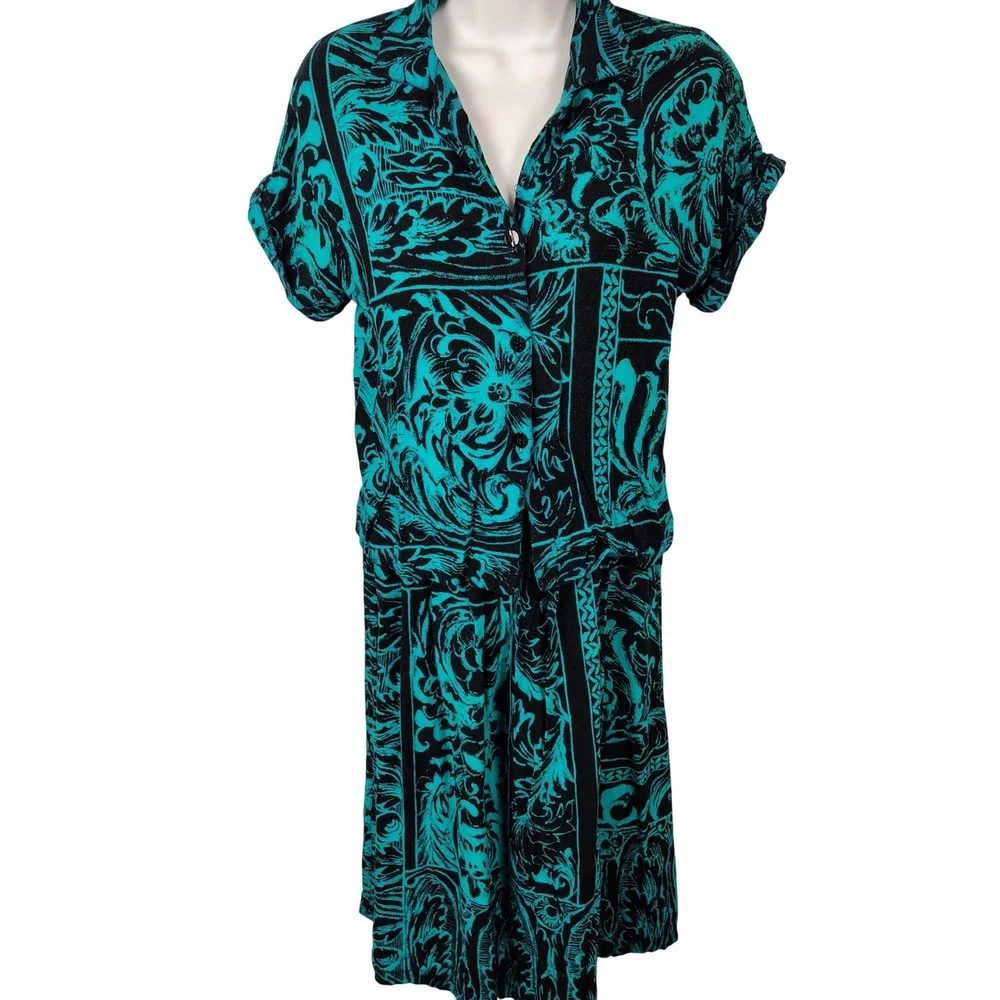 Melrose Womens SZ 7/8 9/10 Two Piece Set Teal Black  Rayon Linen Vintage